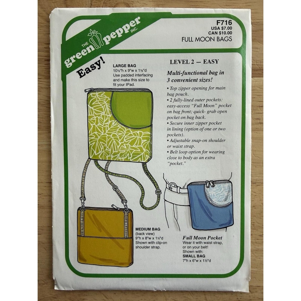 Green‎ Pepper Full Moon Bags Pattern F716 Easy 3-Sizes Uncut